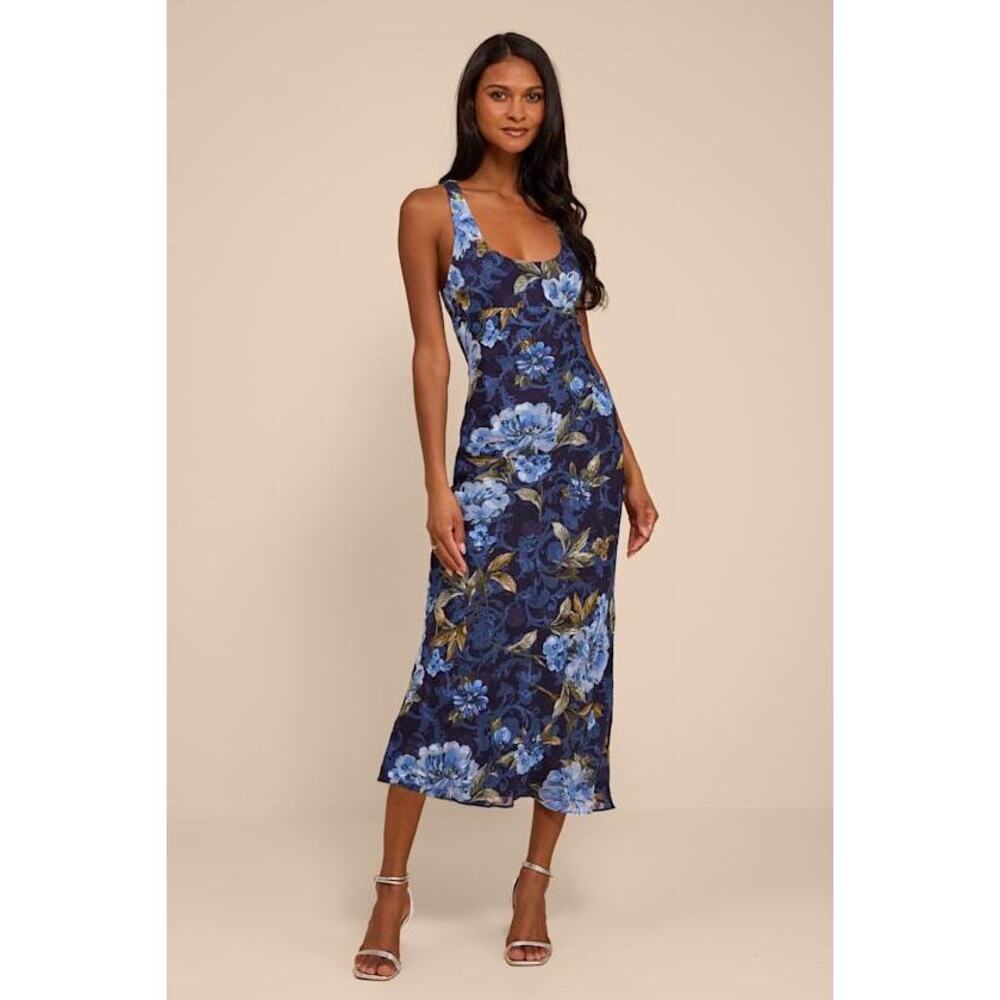 Lulus Lilia Dark Blue Floral Scoop Neck Midi Dress - Size XL